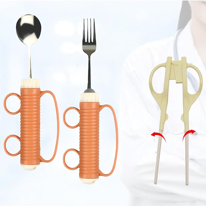 Auxiliary Tableware,Feeding Tableware,Elderly Tableware,Anti-Shake Tableware,Spoon,Fork, Fork and Spoon,Three-piece Set, Orange Handle Belt.