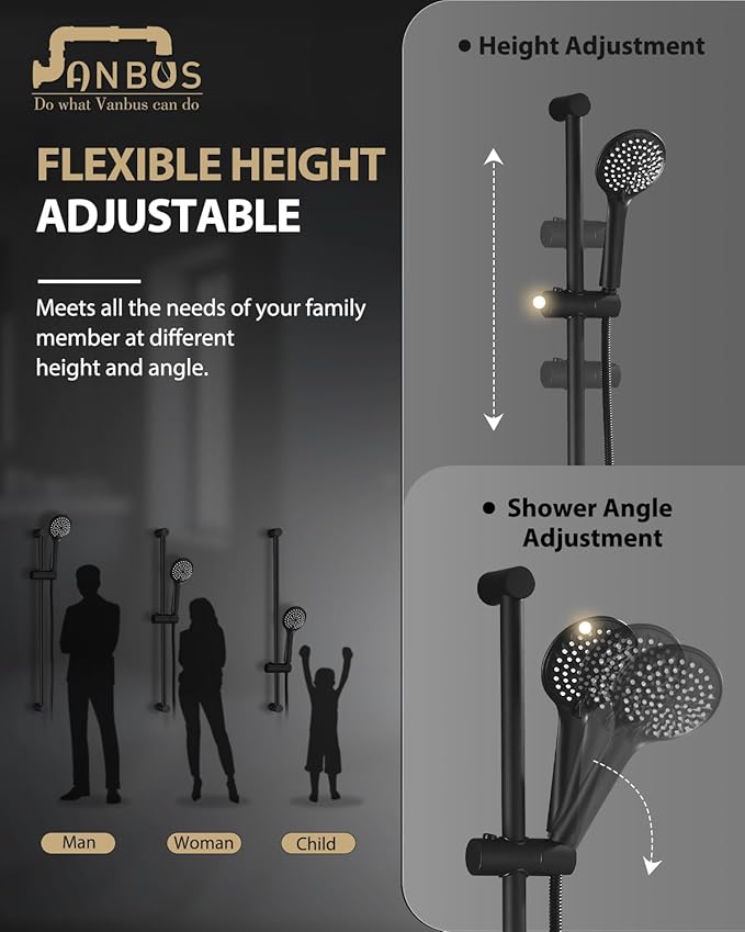 Handheld Shower Head with Adjustable 30-Inch Shower Slide Bar and 59-Inch Hose, 5-Function 3.2GPM High Pressure Handheld Shower Head with Drop Ell and Holder, Matte Black