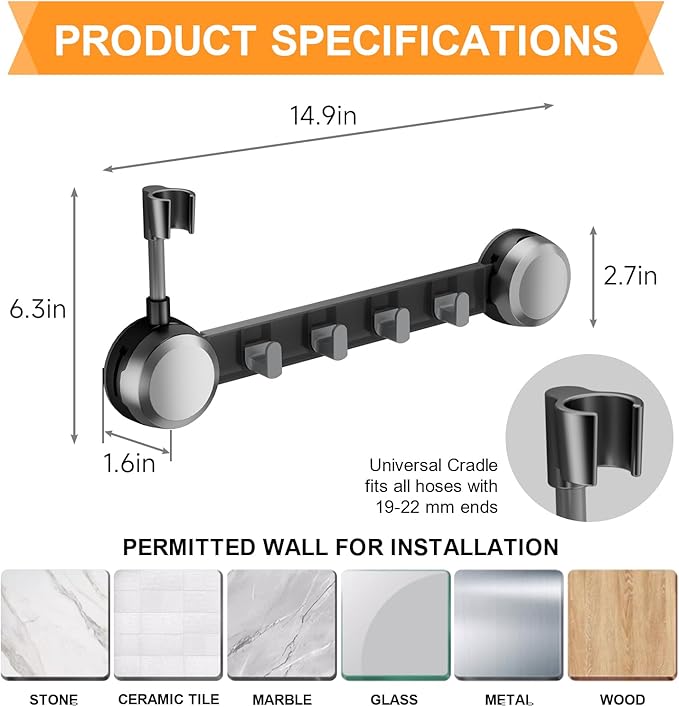 Shower Head Holder Suction Cup with 4 Hanger Hook Wall Mount - 2 in 1 Design - No-Drill Strong Adhesive Shower Wand Bracket - Adjustable Handheld Shower Head Mount - Gun Gray