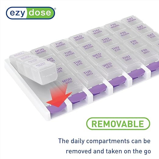 EZY DOSE Weekly (7 Day) 4 Times a Day Push Button Pill Organizer and Vitamin Planner, Removable Daily Pillboxes, Purple, Clear Lids, Small