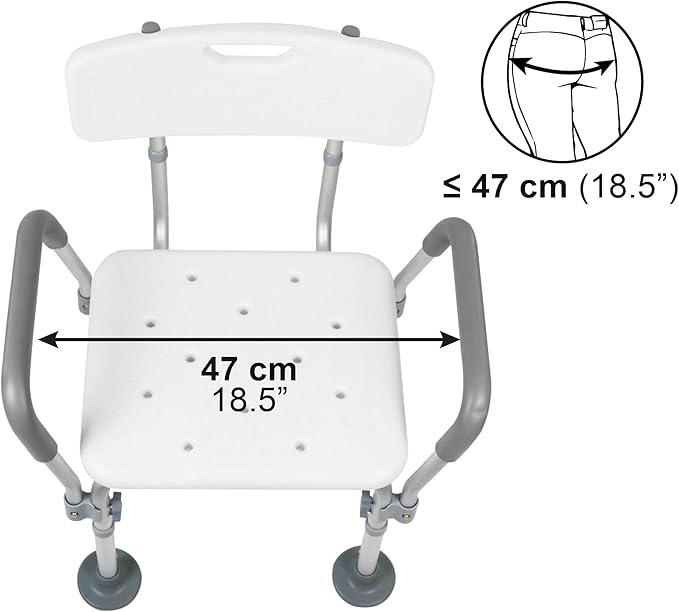 PEPE Mobility Shower Chair to Sit on in Shower, Height Adjustable with Non-Slip Tips, Removable Armrests, Tool-Free Assembly, White, Safety Bath Seat