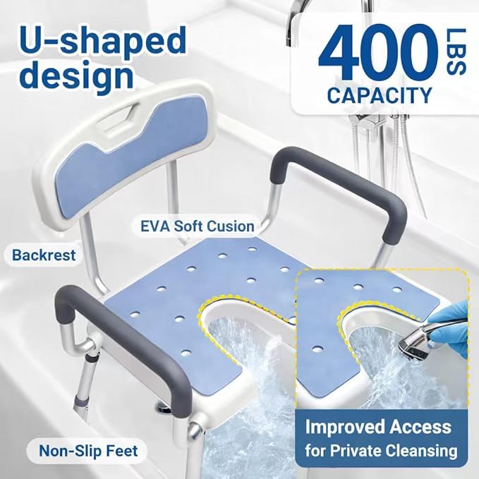 Shower Chair for Inside Shower with Arms and Back HSA/FSA Eligible, 400lbs Capacity Height Adjustable U-Shaped Seat for Seniors Elderly Easy Bathing, 4-in-1 Tool-Free Assembly