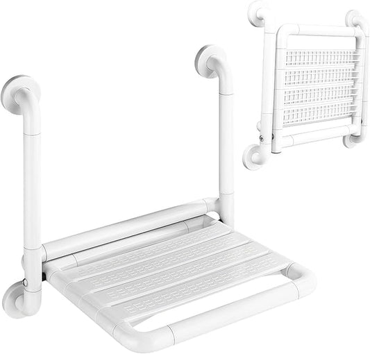 16-Inch Wall Mounted Shower Seats with Armrests, Space-Saving Foldable Shower Bench for Small Bathrooms, Safety Wall-Mounted Foldable Shower Chair with Reflective Strips, Holds up to 330 lbs