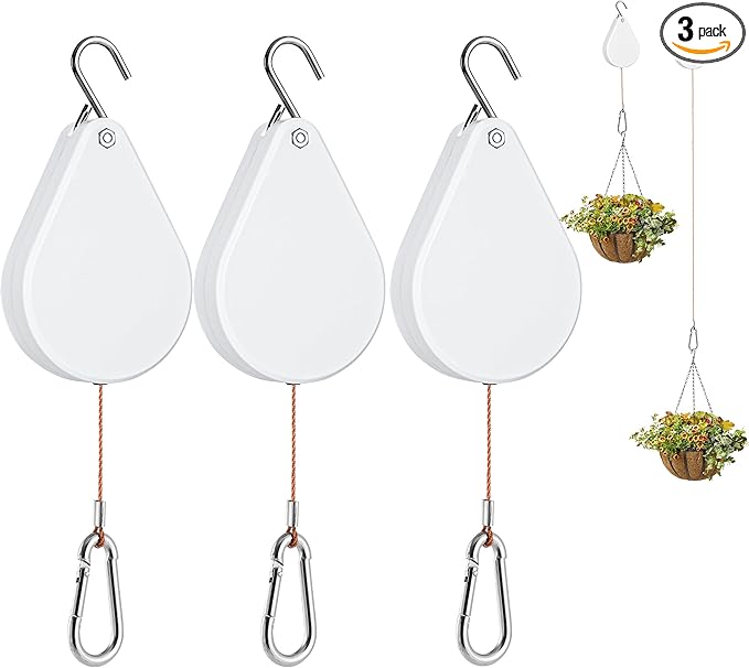 WROSWT Upgraded Retractable Plant Hanger,Plant Pulleys for Hanging Plants,Easy to Raise and Lower,Auto Lock,Heavy Duty,Adjustable Hook for Garden Baskets Pots,Birds Feeder,(3Pcs,White)