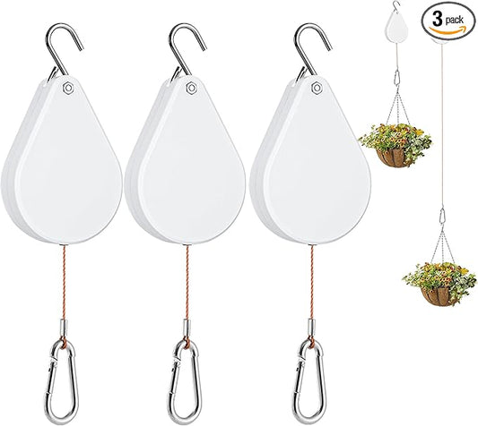 WROSWT Upgraded Retractable Plant Hanger,Plant Pulleys for Hanging Plants,Easy to Raise and Lower,Auto Lock,Heavy Duty,Adjustable Hook for Garden Baskets Pots,Birds Feeder,(3Pcs,White)