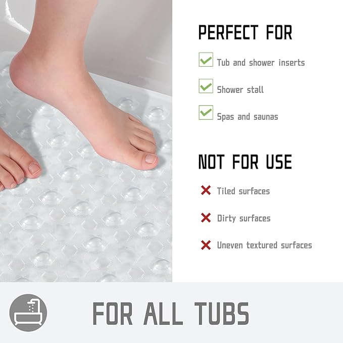 Yimobra Square Shower Floor Mat Non Slip, 21"x21" Machine Washable Bath Tub Mat, Soft on Feet, Bathmat with Drain Holes and Suction Cups, Fast Draining, Clear