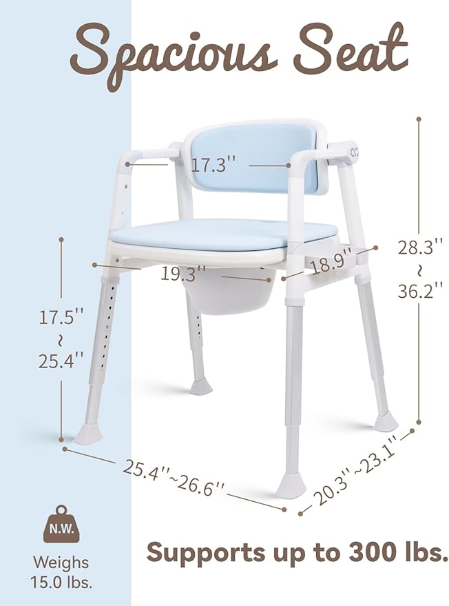 3-in-1 Bedside Commode Shower Chair with Liftable Arm Anti-Splash Bucket Extra-Wide Padded Adjustable Raised Toilet Seat for Seniors up to 300 lbs. Potty Chair for Toilet (Blue)