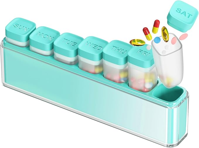 Weekly Pill Organizer 1 Time a Day, HIONXMGA Detachable Travel Pill Box 7 Day, Large Medicine Pill Case Container for Daily Medication Vitamin Supplement Fish Oil, Portable Week Pills Holder, Cyan