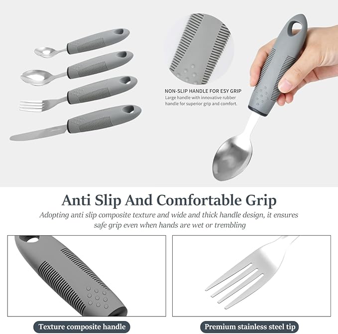 Adaptive Utensils 4-Piece Set – Weighted Utensils for Parkinson’s & Hand Tremors, Built-Up Non-Slip Handles, Arthritis Silverware for Elderly & Seniors, Stainless Steel Flatware