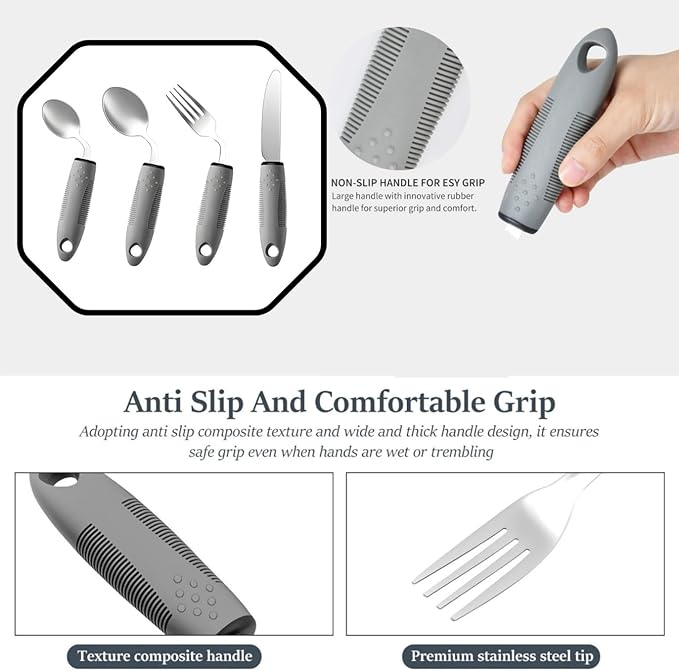 4Pcs Weighted Adaptive Utensils 42° Angled Parkinsons Utensils, Weighted Utensils for Hand Tremors and Parkinsons Patients, Arthritis Silverware for Elderly & Seniors (B-RH-Grey)