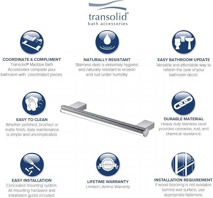 Transolid MS16PC Maddox 16-inch Grab Bar, Polished Chrome