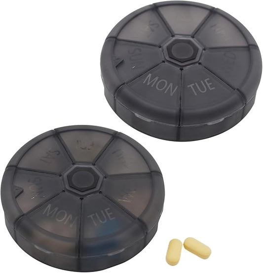 Portable Weekly Pill Organizer (Pack of 2) 7 Day Container,Round Case Travel Friendly,Daily Week Pill Reminder,Vitamin,Supplement,Fish Oil,Medication Planner (Black)