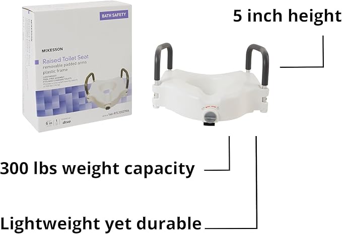 McKesson Raised Toilet Seat with Removable Padded Arms, Lightweight, Fits Most Standard Toilets, 300 lbs Weight Capacity, 1 Count
