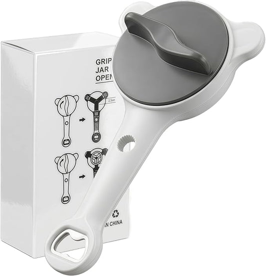 4-in-1 Adjustable Jar Opener for Weak Hands & Seniors — Ergonomic Non-Slip Handle, Multi-Size Lid Remover for Mason Jars, Bottles & Cans (Grey)
