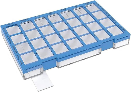 EZY DOSE Weekly AM/PM (7-Day) Daily Pharmadose Pill Planner, Medicine Case, Vitamin and Supplement Organizer, Large Easy Fill Compartments, 4 Times a Day, 28 Compartments, Clear Lids, Blue, BPA Free