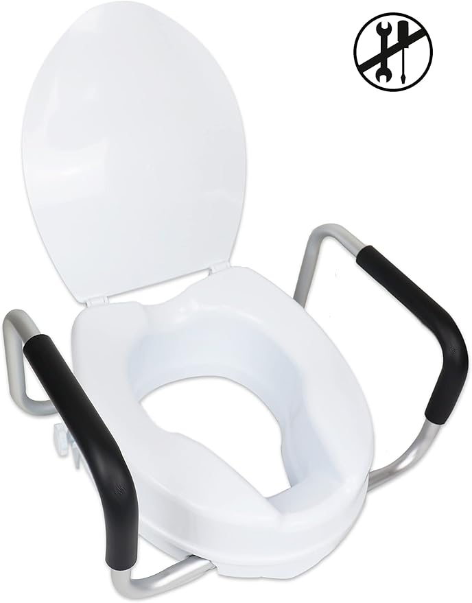 PEPE Mobility Raised Toilet Seat with Handles and Lid for Elderly 4" High, Fits Round and Elongated up to 15" Wide, Commode Seat with Sturdy Brackets, Medical Aid