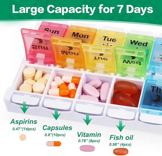 Shintop Am Pm Pill Organizer 7 Day, Push Button Weekly Pill Box 2 Times a Day Easy Fill Pill Holder Day Night Vitamin Case for Medications Fish Oil Supplements (Rainbow)