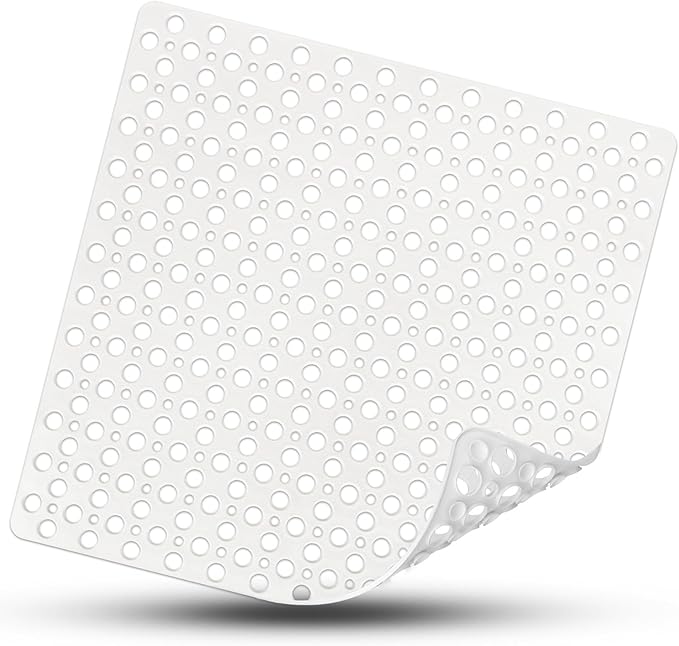 Square Shower Mat Non Slip, 27" x 27" Large Shower Mats for Inside Shower, Soft TPE Shower Floor Mat with Suction Cups and Big Drain Holes, Anti Slip Shower Stall Matt, White