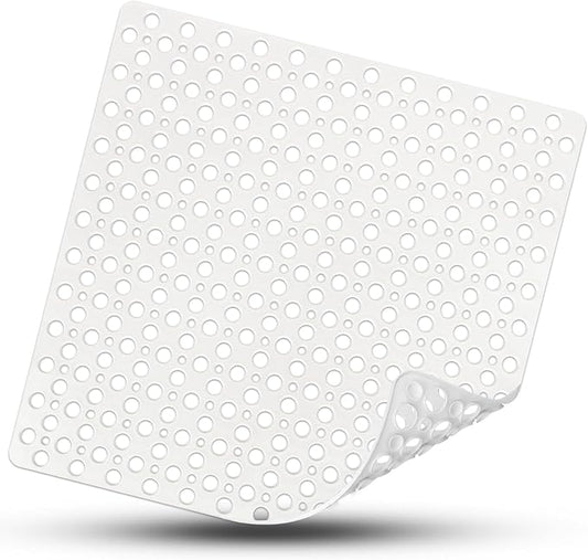 Square Shower Mat Non Slip, 27" x 27" Large Shower Mats for Inside Shower, Soft TPE Shower Floor Mat with Suction Cups and Big Drain Holes, Anti Slip Shower Stall Matt, White