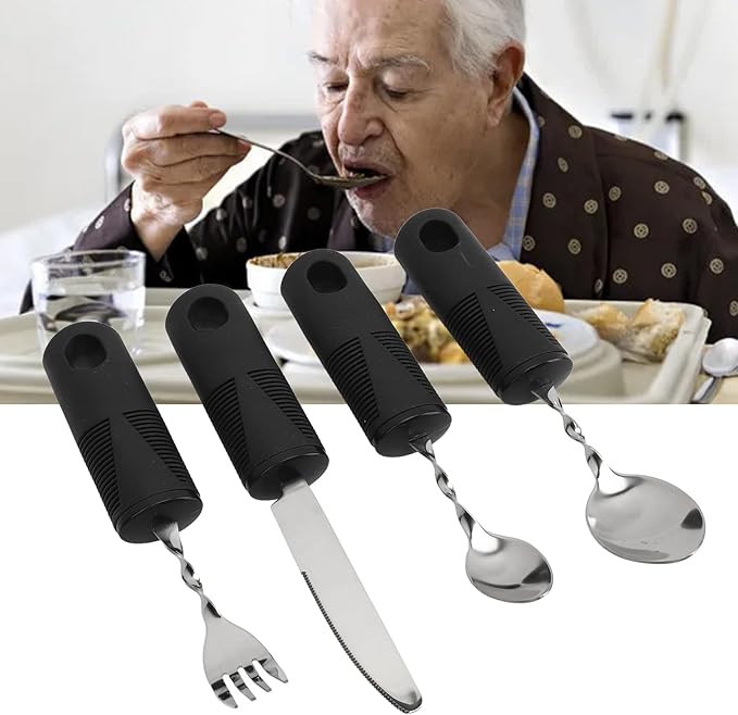 4PCS Adaptive Utensils for Hand Tremors, Weighted Silverware with Easy Grip Handles Arthritis Eating Utensils for Seniors Parkinson's Cutlery Set Stainless Steel Adaptive Utensils