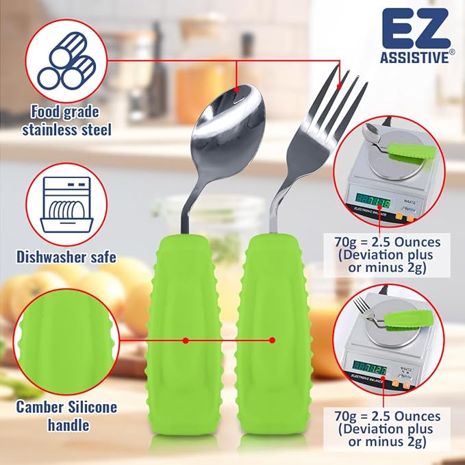 Adaptive Utensils, Weight Utensils for Tremors and Parkinson Patients, Utensil Set Spoon and Fork for Elderly (Left Hand - 1 Set Green Spoon and Fork)