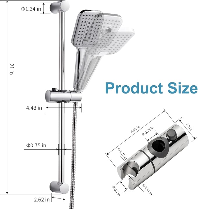 OFFO Shower Slide Bar Combo, Adjustable 21 in Slide Bar with 3-Mode Square Handheld Shower Head and 60 in Stainless Steel Hose, Screw Wall Mounted, Chrome Finish