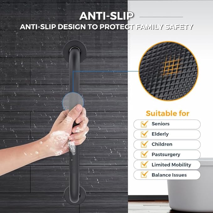 Grab Bars for Shower, 1 Pack 36-Inch Anti Slip Shower Handles for Elderly, Safety Shower Grab Bar, Stainless Steel Handicap Grab Bars for Bathroom (Black 1" Diameter)