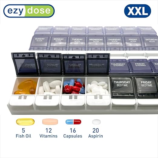 EZY DOSE Weekly (7-Day) Pill Organizer, Vitamin Container, and Daily Medicine Planner, 2X-Large Push Button Compartments, Arthritis Friendly, Easy to Use, 4 Times a Day, Grayscale Lids, BPA Free