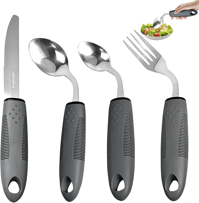 Weighted Adaptive Utensils, 4-Pcs Adaptive Utensils for Hand Tremors and Parkinsons Patients, 45°Angled Parkinsons Utensils, 3.5oz Adaptive Utensils, Parkinsons Care Gift Pick (Right-Handed)