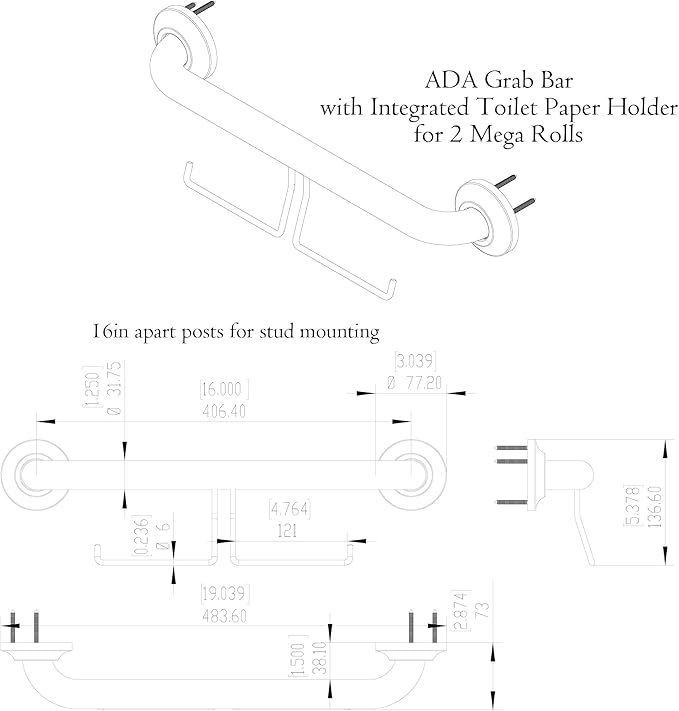 ADA Compliant Grab Bar with Toilet Paper Holder (2 Mega Rolls), 500lbs Weight Support, 1-1/4 x 16 inch for Stud Mount, Matte Black