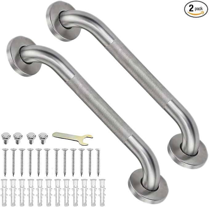 16 Inch Shower Grab Bars for Seniors, 2 Pack Brushed Nickel Stainless Steel ADA Grab Bars with 1.25'' Diameter Anti-Slip Textured Surface, Shower Safety Hand Rails for Elderly Handicapped