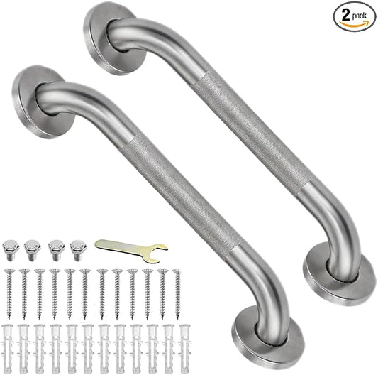 16 Inch Shower Grab Bars for Seniors, 2 Pack Brushed Nickel Stainless Steel ADA Grab Bars with 1.25'' Diameter Anti-Slip Textured Surface, Shower Safety Hand Rails for Elderly Handicapped