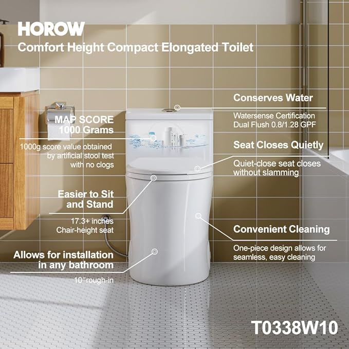HOROW T0338W One Piece Toilet 10" Rough-in, Elongated Toilet with Comfortable Seat Height, ADA Chair Height 17.3", Dual Flush 0.8/1.28 GPF, Standard White Toilet Bowl, Space Saver Design