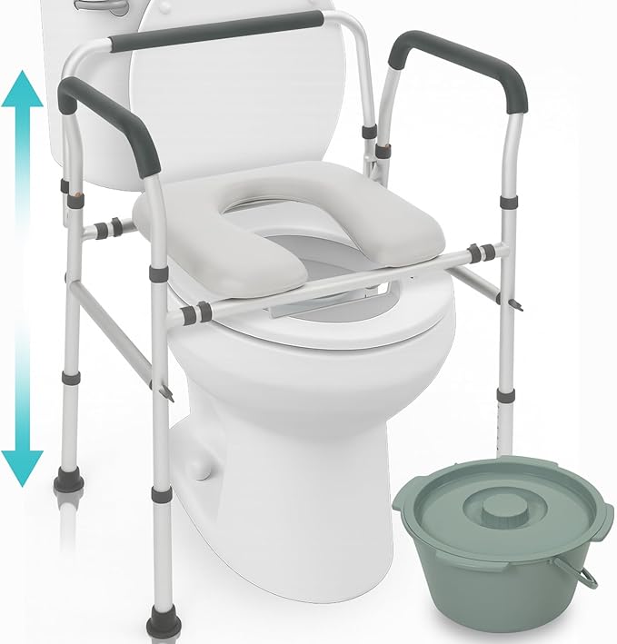 Vive Toilet Seat Riser for Seniors with Handles - Height Adjustable Raised Toilet, Safety Frame for Adults, Commode Chair, Padded Seat, Supportive Armrests (Gray)