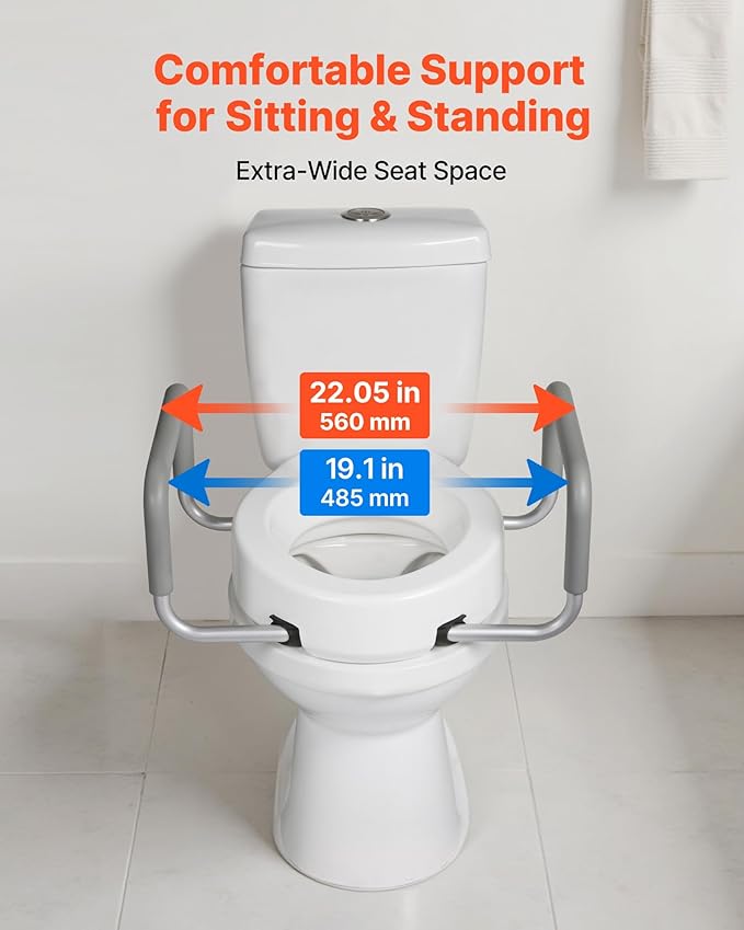 VEVOR Raised Toilet Seat with Arms, 300 lbs Load Capacity, 3.5-Inch Lift Height, Widened Commode Elevated Toilet Seat Riser with Padded Handles for Seniors, Elderly, Handicap, Disabled, and Adults