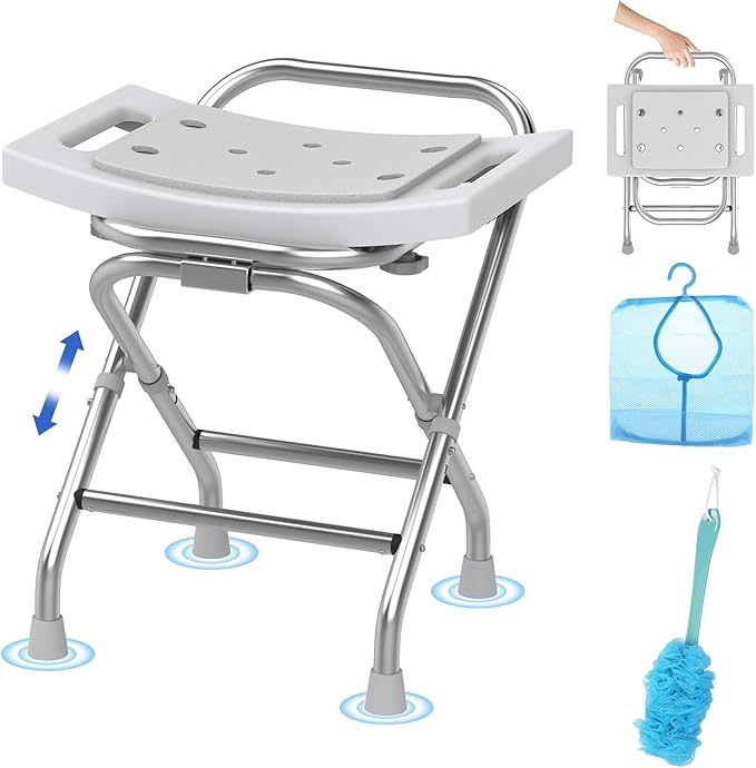 Folding Shower Seat - Stainless Steel Shower Chair for Inside Shower - 420lbs Height Adjustable Foldable Shower Stool - Portable Travel Collapsible Bath Bench for Elderly, Handicap & Disabled