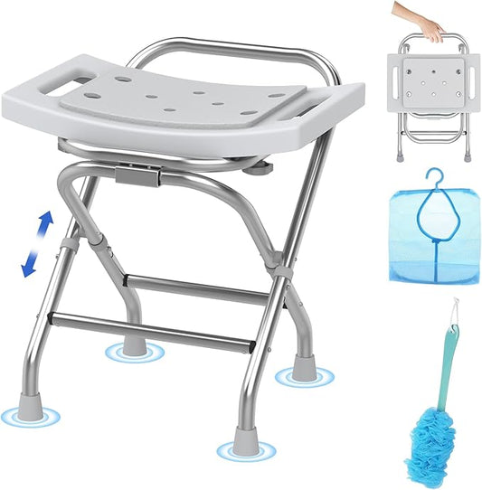 Folding Shower Seat - Stainless Steel Shower Chair for Inside Shower - 420lbs Height Adjustable Foldable Shower Stool - Portable Travel Collapsible Bath Bench for Elderly, Handicap & Disabled