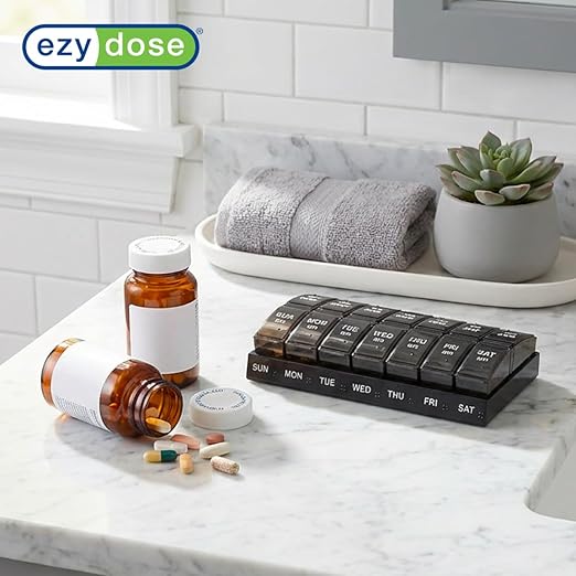 EZY DOSE Weekly, AM/PM Daily Pill Organizer, 7-Day Medicine Planner, Vitamin Container, Small Pop-Out Compartments, 2 Times a Day Pill Holder, Black, Travel-Friendly, BPA Free
