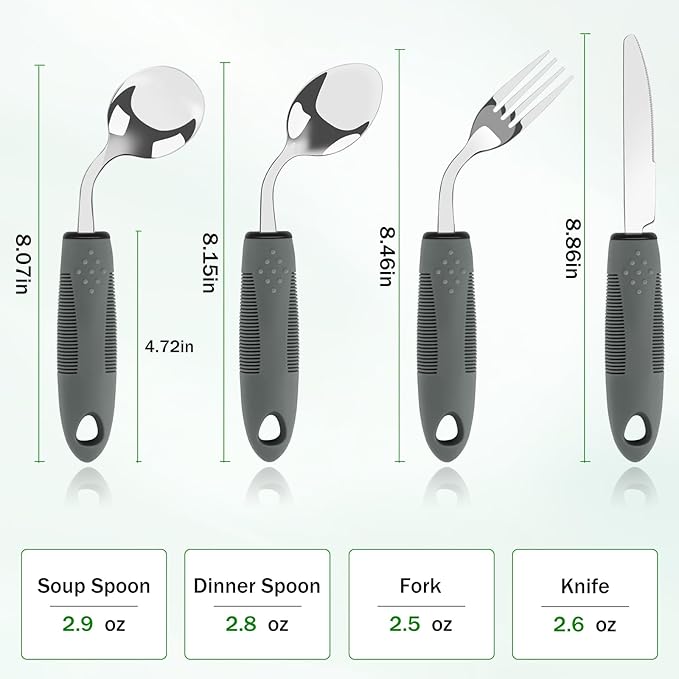 KintKita Adaptive Utensils for Elderly 4 Piece, 45°Angled Parkinsons Utensils for Elderly, Arthritis,2.9 oz Weighted Silverware for Elderly, Arthritis, Weak Hand Grip, Left-Handed Use