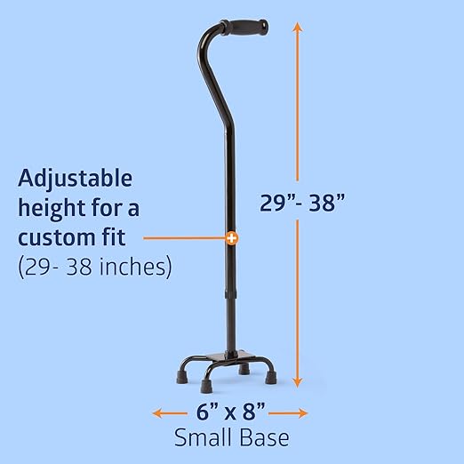 Medline Aluminum Quad Cane with Small Base for Balance, Height Adjustable 29" to 38", Knee Injuries, Surgery Recovery & Mobility, Lightweight Walking Aid for Seniors & Adults, 300 lb Weight Capacity