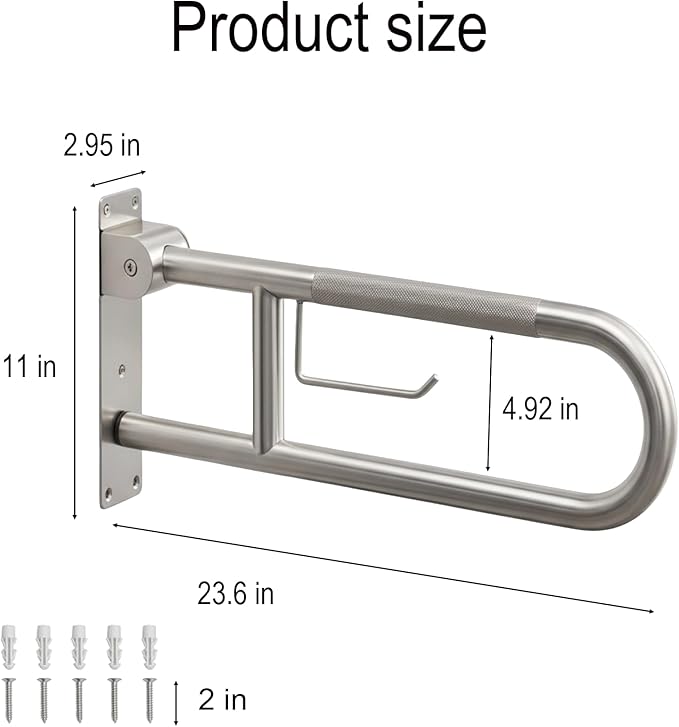 23.6" Flip-Up Toilet Grab Bar with Paper Holder,304 Stainless Steel Bathroom Safety Rail, Anti-Slip Folding Handicap Grab Bar for Seniors, Elderly & Disabled, Wall Mounted Support Handrail