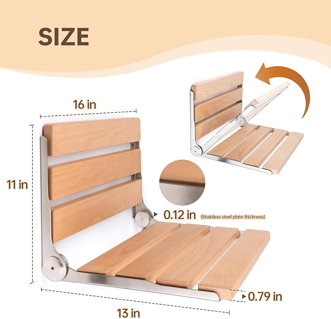 Jamini Folding Shower Seat Wall Mounted, 16.5", Beech Wood + SUS304 Steel, Heavy-Duty 330 lbs Seat for Seniors & Pregnant Women, Fits Small Showers, Balcony & Dressing Area