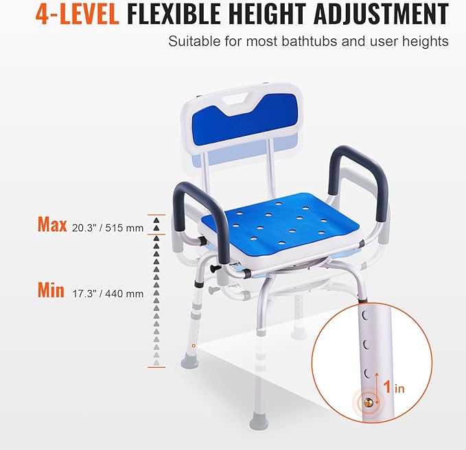 VEVOR Swivel Shower Chair 360 Degree, Adjustable Shower Seat with Armrests and Backrest for Inside Shower or Bathtub, Non-Slip Rotating Bathtub Chair Seat for Elderly Disabled Injured, 400lbs Capacity
