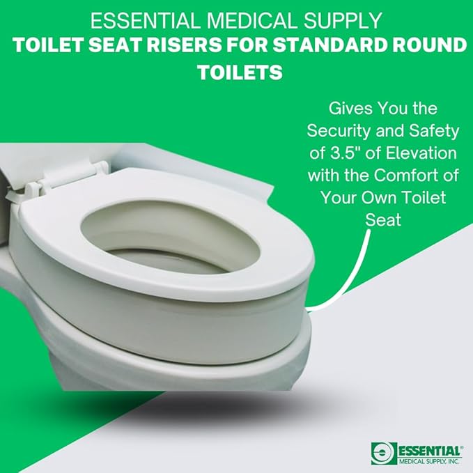 Essential Medical Supply Standard Bowl Round Toilet Seat Riser with 3.5" Rise - 17.5" x 13.5" x 3.5", Elevating and Raising Toilet Seat for Seniors, Adults and The Elderly with 300lb Weight Capacity