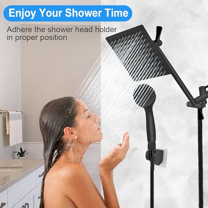 Shower Head, Kaqinu 8'' High Pressure Rainfall Shower Head/Handheld Showerhead Combo with 11” Extension Arm, Anti-leak Shower Head with Holder/Hose, Flow Regulator - Matt Black