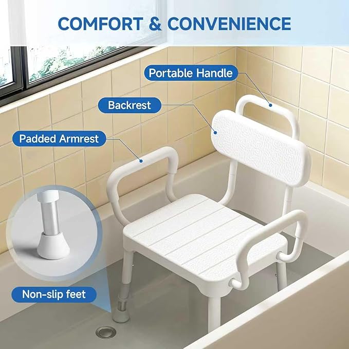 Shower Chair for Bathtub, Adjustable Height 15.7"–21.2" Bath Stool with Removable Backrest and Arms, Rust-Resistant Aluminum Frame, Non-Slip Rubber Feet, Supports 350 lbs， Neutral Gray