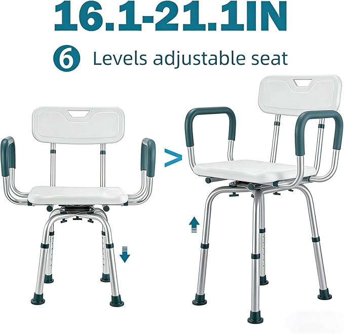 Swivel Shower Chair with Arms and Back, 400 lbs Heavy Duty Shower Stool for Inside Shower Stall and Bathtub, Height Adjustable Rotating Shower Chair Seat for Elderly, Adults, Handicap and Disabled