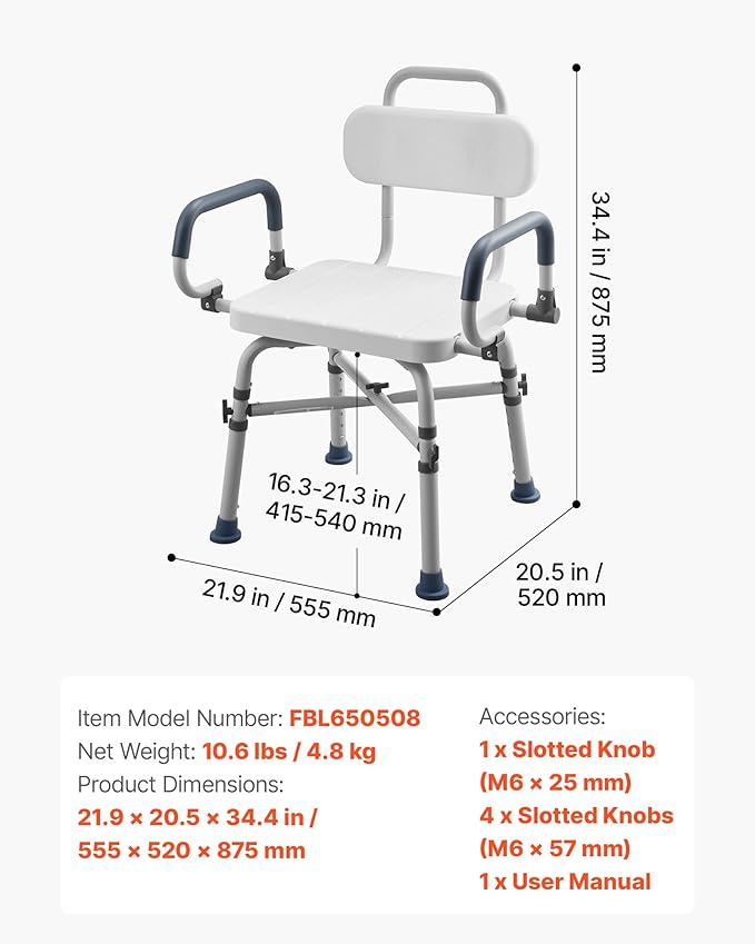 VEVOR Swivel Shower Chair with Arms and Back, 500 lbs Heavy Duty Bench Seat for Inside Shower Stall and Bathtub, Height Adjustable Bathroom Bath Tub Seat for Adults, Seniors, Elderly and Disabled
