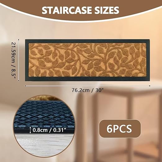 Stair Mat Outdoor for Wooden Steps, Non-Slip Rubber Brown Stair Runner Rugs, 6 Pcs 8.5" x 30" Heavy Duty Stair Mats for Outside Steps, Weatherproof Grip for Elders, Dogs & Kids, Yellow Leaves.