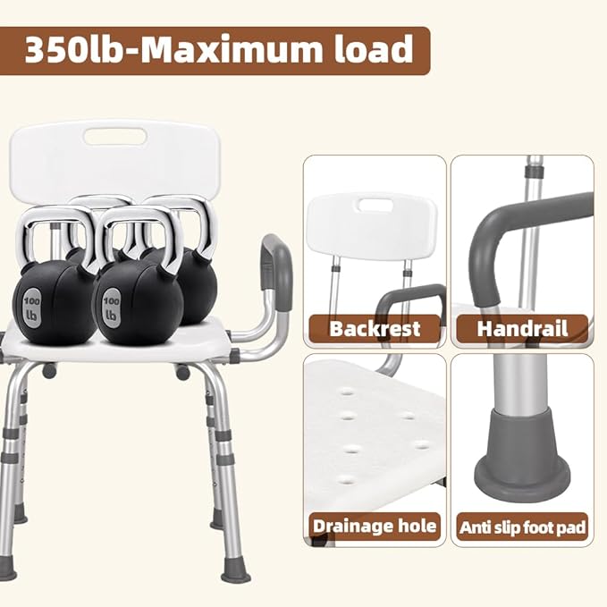 Adjustable-Height Shower Chair for Seniors Features a Sturdy Aluminum Frame, Non-Slip Surface, Drainage Holes, 3 in-1easy Installation, and Supports up to 350 lbs